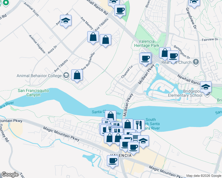 map of restaurants, bars, coffee shops, grocery stores, and more near 26947 Cape Cod Drive in Santa Clarita