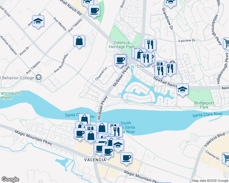map of restaurants, bars, coffee shops, grocery stores, and more near 27007 Edgewater Lane in Santa Clarita