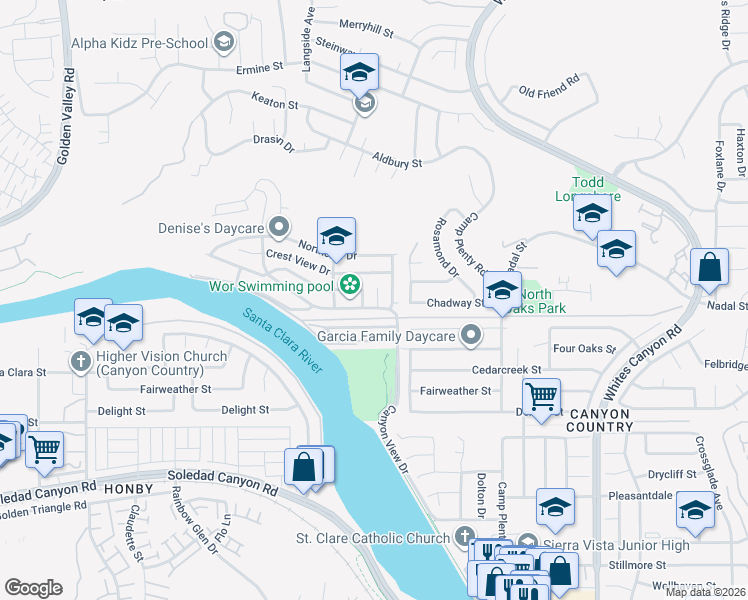 map of restaurants, bars, coffee shops, grocery stores, and more near 27807 Sunrise Lane in Santa Clarita