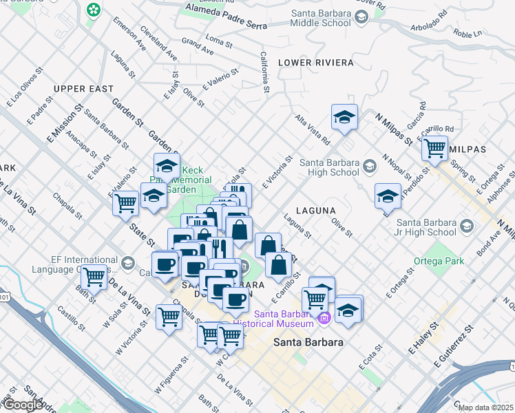 map of restaurants, bars, coffee shops, grocery stores, and more near 320 East Victoria Street in Santa Barbara