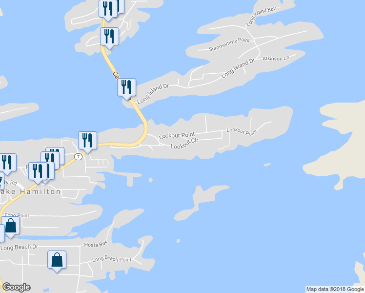 map of restaurants, bars, coffee shops, grocery stores, and more near 131 Lookout Circle in Lake Hamilton