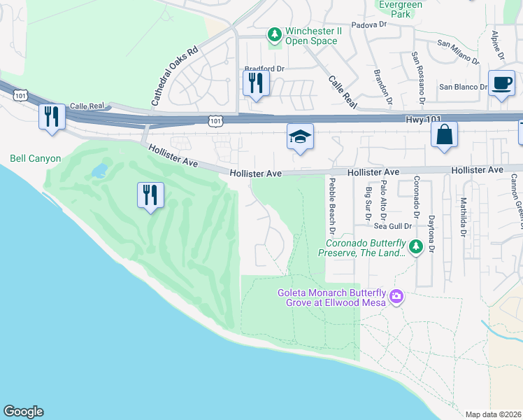 map of restaurants, bars, coffee shops, grocery stores, and more near 7779 Goldfield Court in Goleta