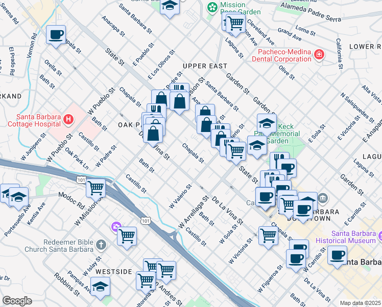 map of restaurants, bars, coffee shops, grocery stores, and more near 1805 Chapala Street in Santa Barbara