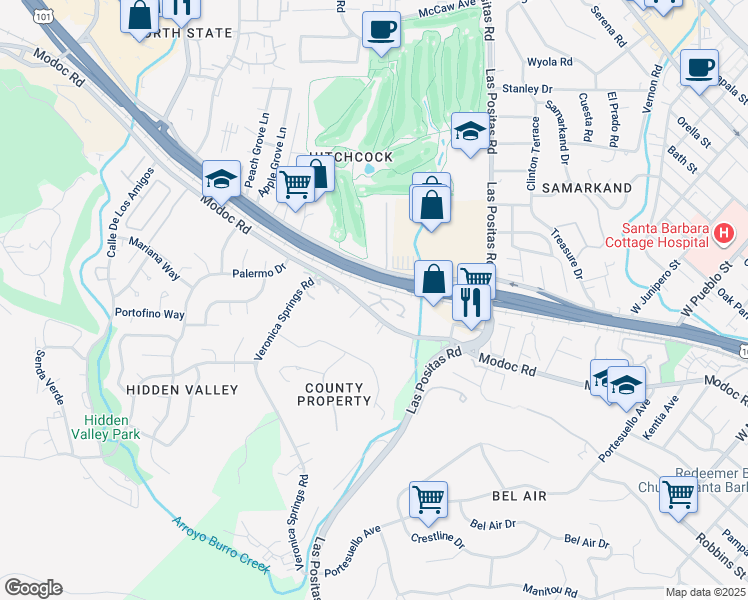 map of restaurants, bars, coffee shops, grocery stores, and more near 3578 Modoc Road in Santa Barbara