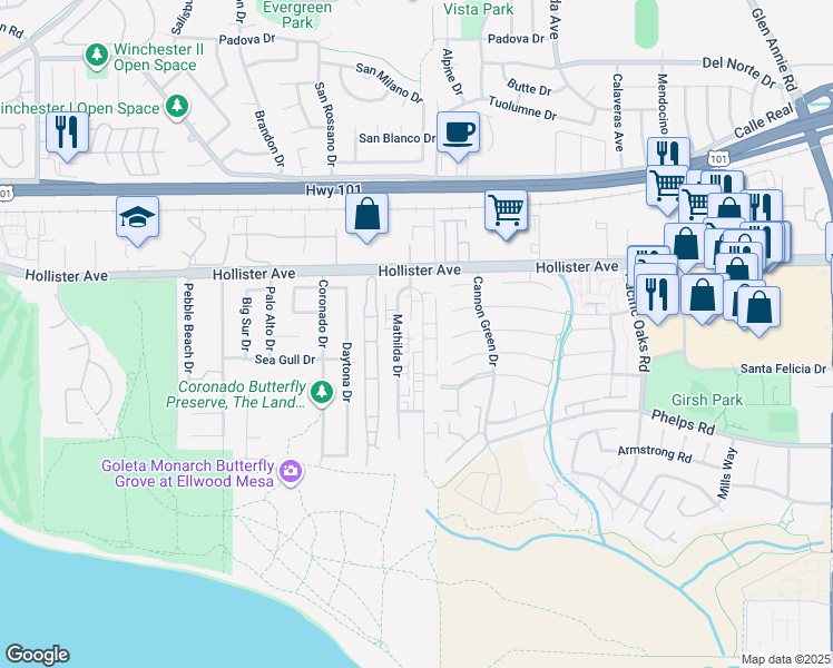map of restaurants, bars, coffee shops, grocery stores, and more near 271 Ellwood Beach Drive in Goleta