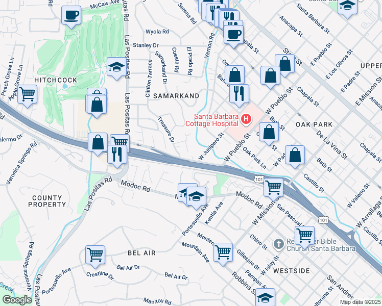 map of restaurants, bars, coffee shops, grocery stores, and more near 2504 Oak Crest Drive in Santa Barbara