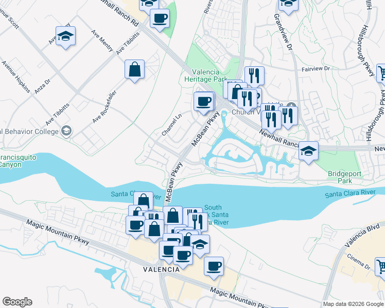 map of restaurants, bars, coffee shops, grocery stores, and more near 27007 Edgewater Lane in Santa Clarita