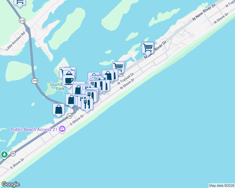 map of restaurants, bars, coffee shops, grocery stores, and more near 312 North Shore Drive in Surf City
