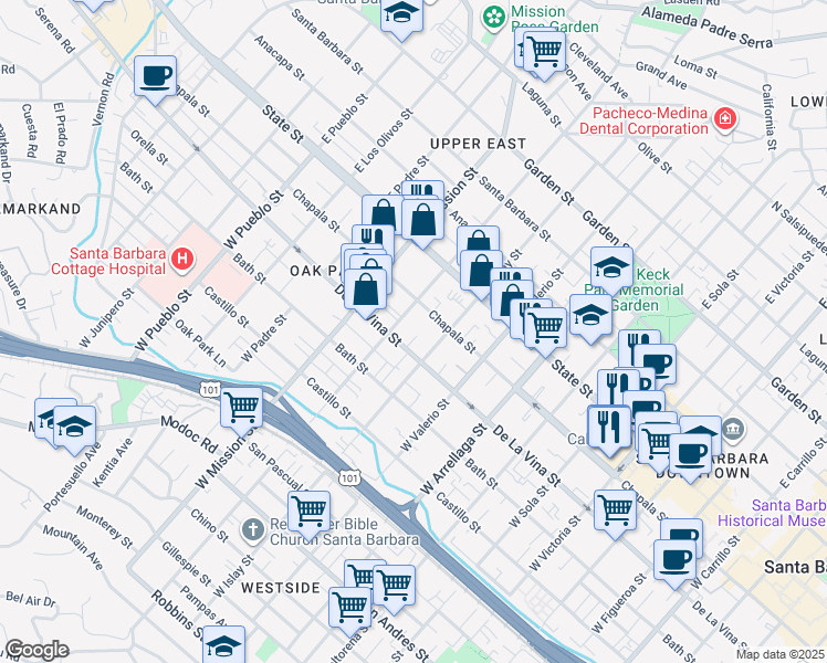 map of restaurants, bars, coffee shops, grocery stores, and more near 1820 De La Vina Street in Santa Barbara