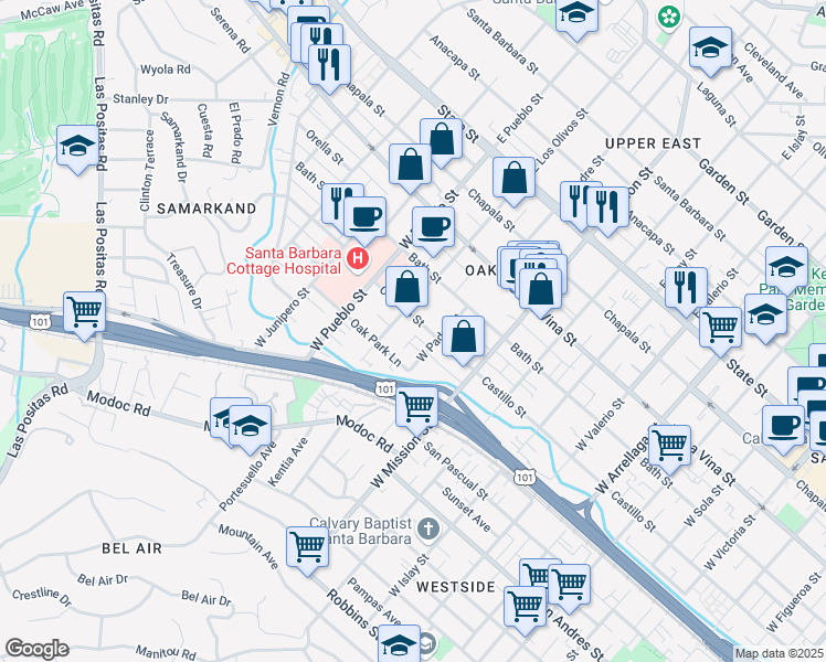 map of restaurants, bars, coffee shops, grocery stores, and more near 2121 Castillo Street in Santa Barbara