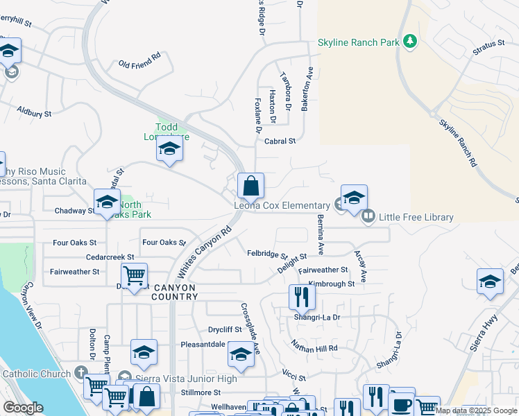 map of restaurants, bars, coffee shops, grocery stores, and more near 18923 Nadal St in Santa Clarita