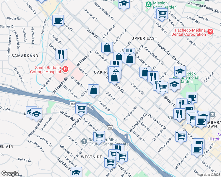 map of restaurants, bars, coffee shops, grocery stores, and more near 1932 Sheridan Avenue in Santa Barbara