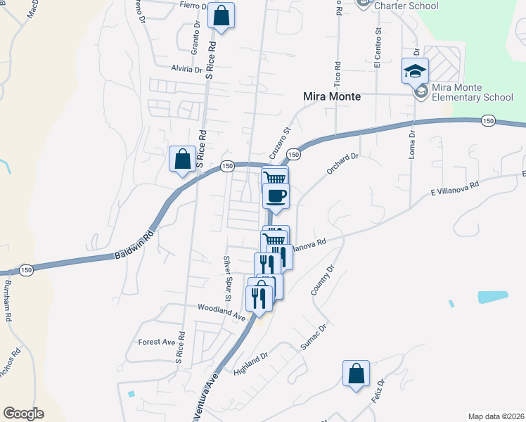 map of restaurants, bars, coffee shops, grocery stores, and more near 119 Don Felipe in Ojai