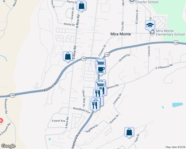 map of restaurants, bars, coffee shops, grocery stores, and more near 140 Don Ricardo Way in Ojai