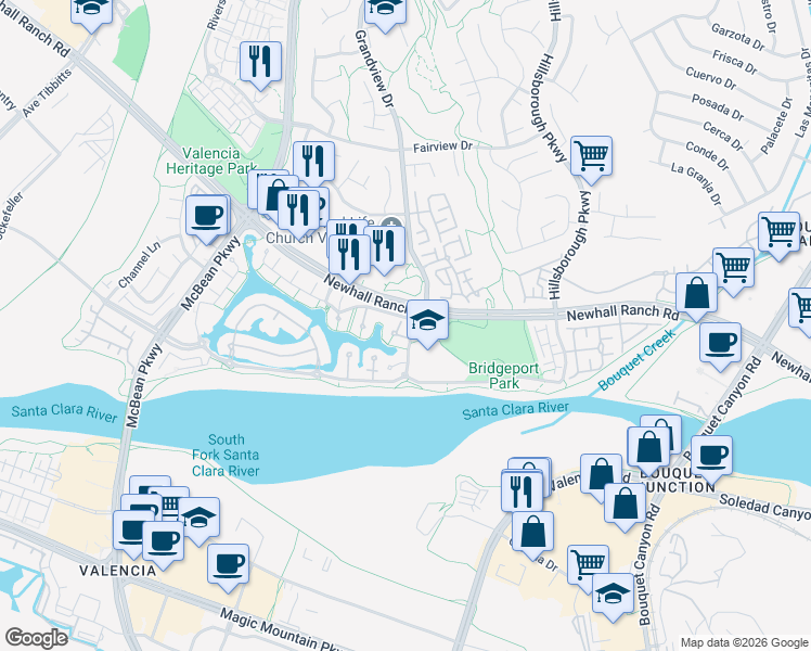map of restaurants, bars, coffee shops, grocery stores, and more near 23805 Spinnaker Court in Santa Clarita