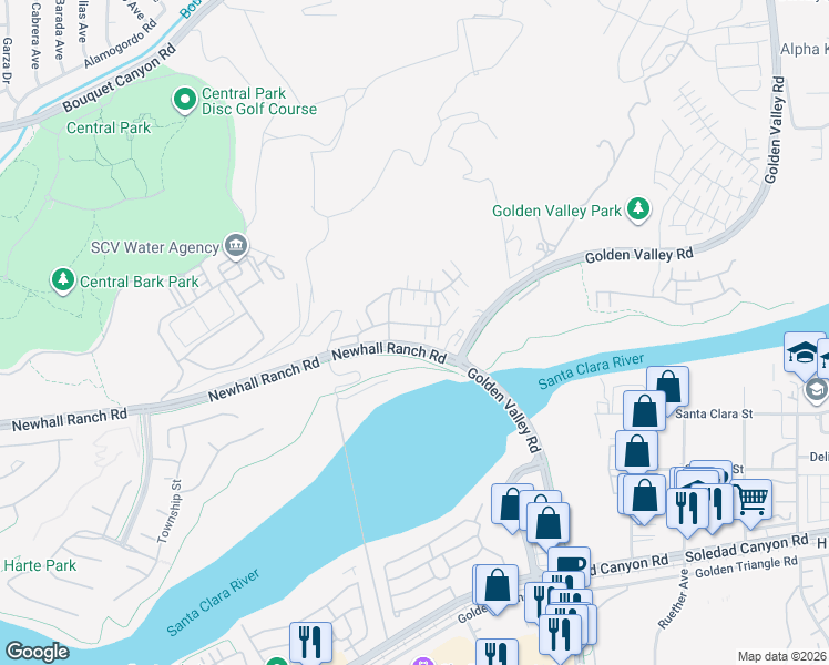 map of restaurants, bars, coffee shops, grocery stores, and more near 22068 Barrington Way in Santa Clarita