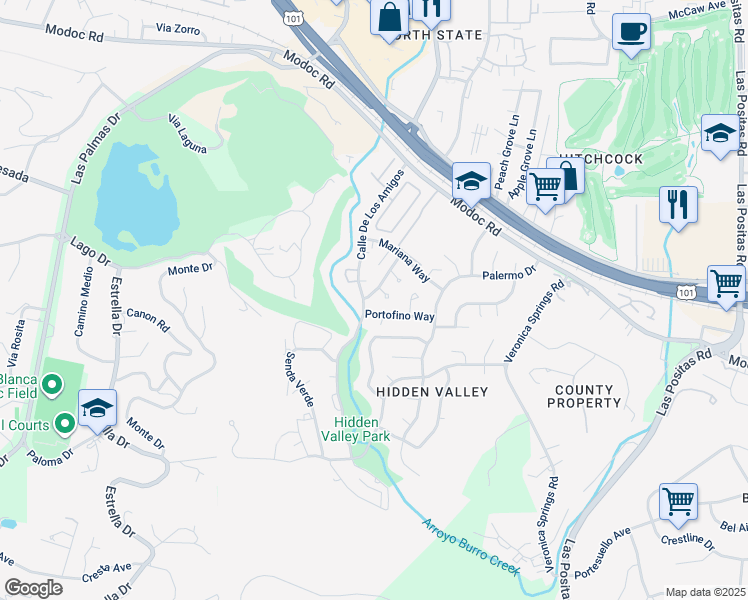 map of restaurants, bars, coffee shops, grocery stores, and more near 785 Casiano Drive in Santa Barbara