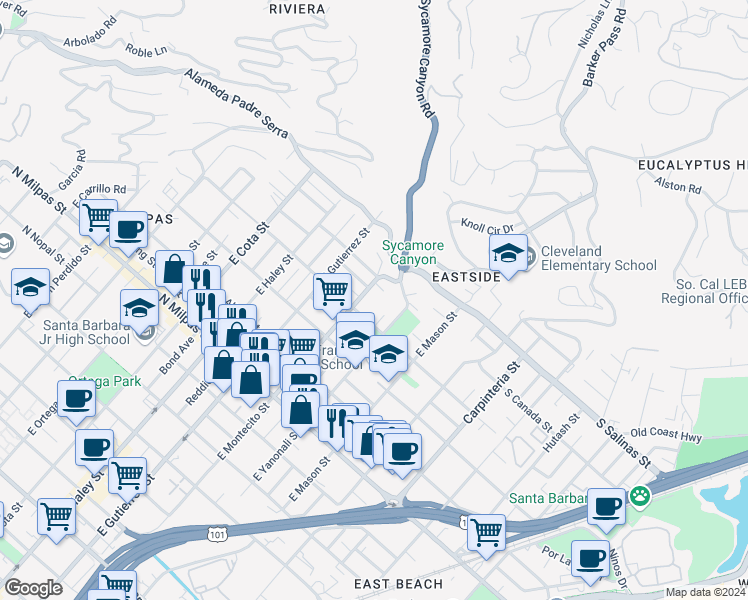map of restaurants, bars, coffee shops, grocery stores, and more near 1218 East Montecito Street in Santa Barbara