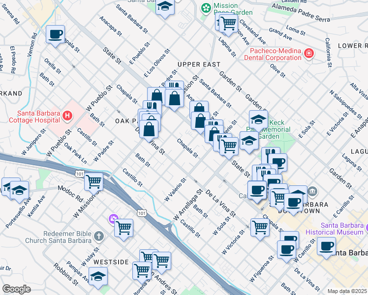 map of restaurants, bars, coffee shops, grocery stores, and more near 102 West Islay Street in Santa Barbara