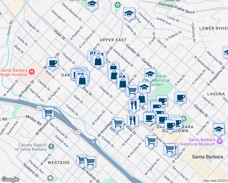 map of restaurants, bars, coffee shops, grocery stores, and more near 20 West Valerio Street in Santa Barbara