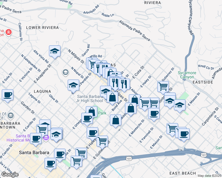 map of restaurants, bars, coffee shops, grocery stores, and more near 631 North Milpas Street in Santa Barbara
