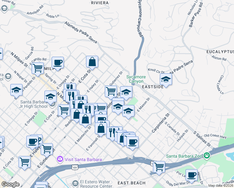 map of restaurants, bars, coffee shops, grocery stores, and more near 302 North Soledad Street in Santa Barbara