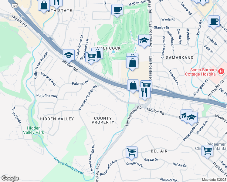 map of restaurants, bars, coffee shops, grocery stores, and more near 3578 Modoc Road in Santa Barbara