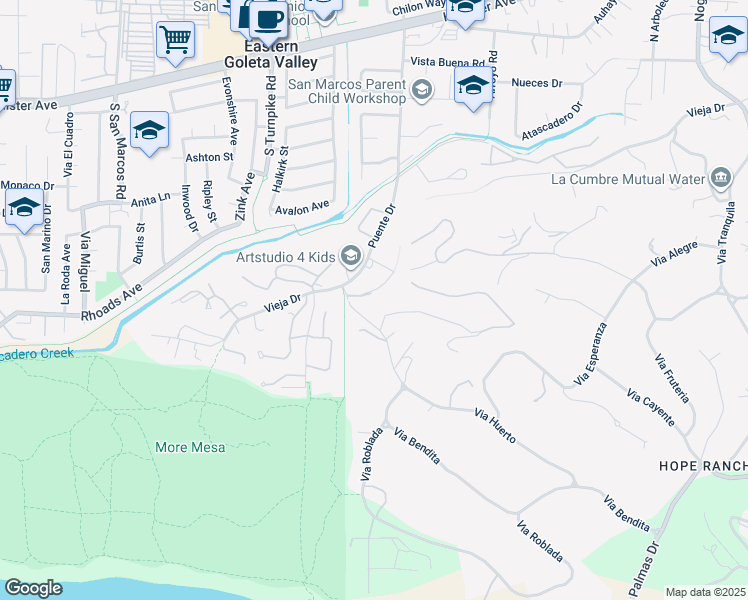 map of restaurants, bars, coffee shops, grocery stores, and more near 4678 Via Huerto in Santa Barbara