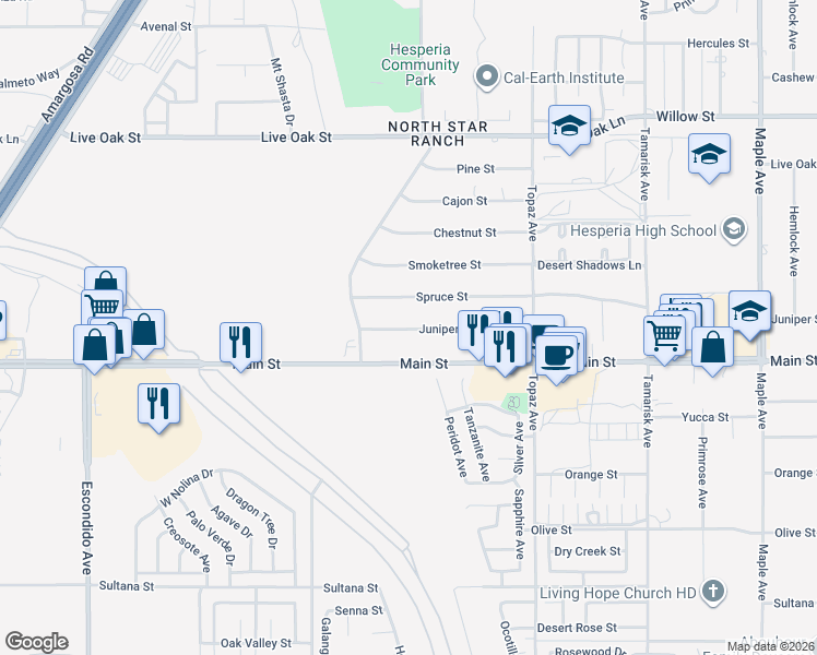 map of restaurants, bars, coffee shops, grocery stores, and more near Juniper Street in Hesperia