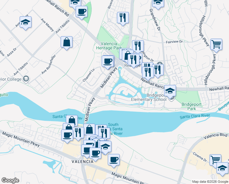 map of restaurants, bars, coffee shops, grocery stores, and more near 27058 Island Road in Santa Clarita