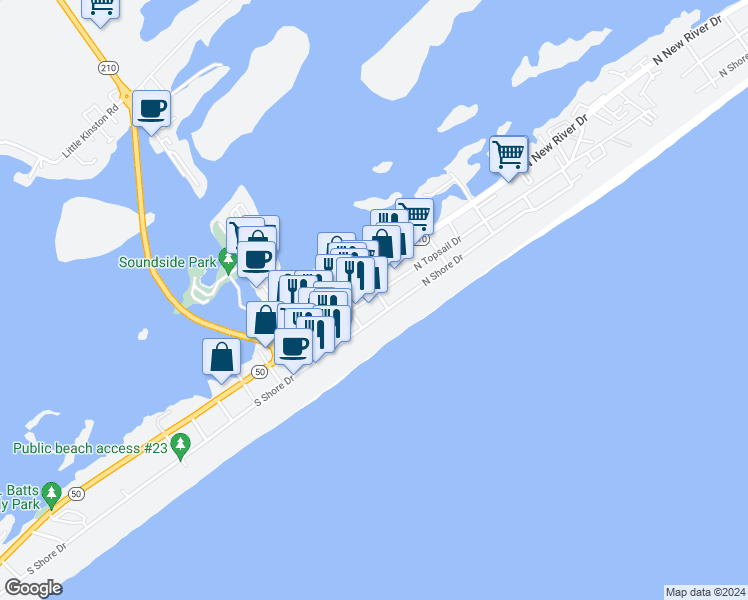 map of restaurants, bars, coffee shops, grocery stores, and more near 210 North Topsail Drive in Surf City