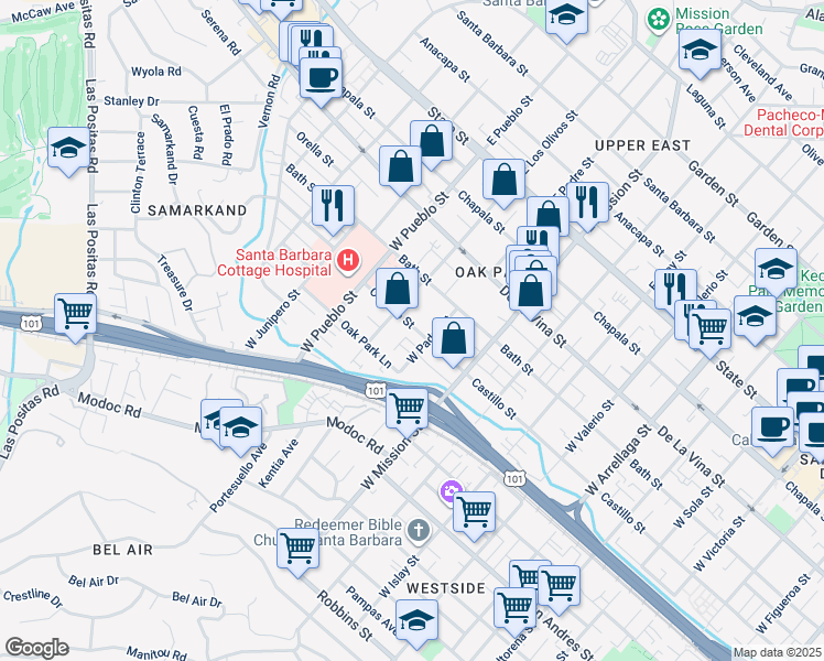 map of restaurants, bars, coffee shops, grocery stores, and more near 2117 Castillo Street in Santa Barbara