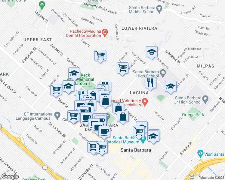 map of restaurants, bars, coffee shops, grocery stores, and more near 320 East Victoria Street in Santa Barbara