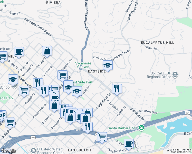 map of restaurants, bars, coffee shops, grocery stores, and more near 100 North Salinas Street in Santa Barbara