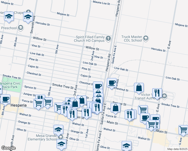 map of restaurants, bars, coffee shops, grocery stores, and more near 16518 Cajon Street in Hesperia