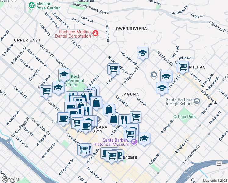 map of restaurants, bars, coffee shops, grocery stores, and more near 409 East Anapamu Street in Santa Barbara