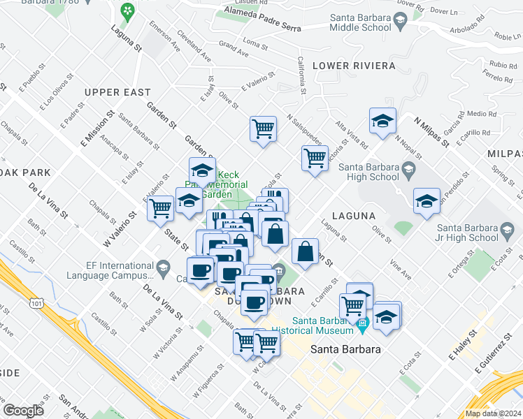 map of restaurants, bars, coffee shops, grocery stores, and more near 1324 Garden Street in Santa Barbara
