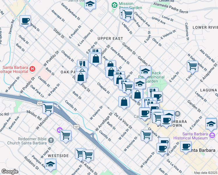 map of restaurants, bars, coffee shops, grocery stores, and more near 20 West Valerio Street in Santa Barbara