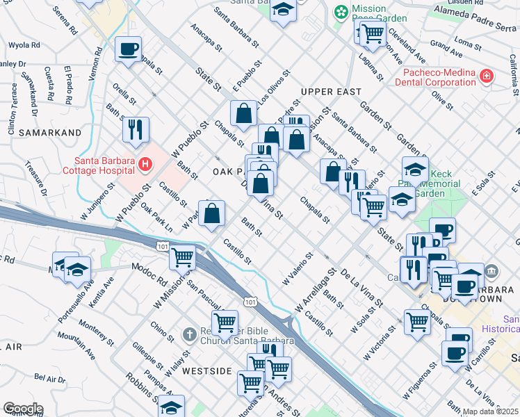 map of restaurants, bars, coffee shops, grocery stores, and more near 1911 De La Vina Street in Santa Barbara