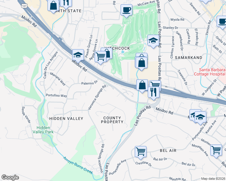 map of restaurants, bars, coffee shops, grocery stores, and more near 3589 Modoc Road in Santa Barbara