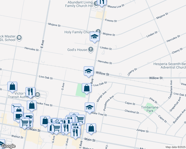 map of restaurants, bars, coffee shops, grocery stores, and more near I Avenue in Hesperia