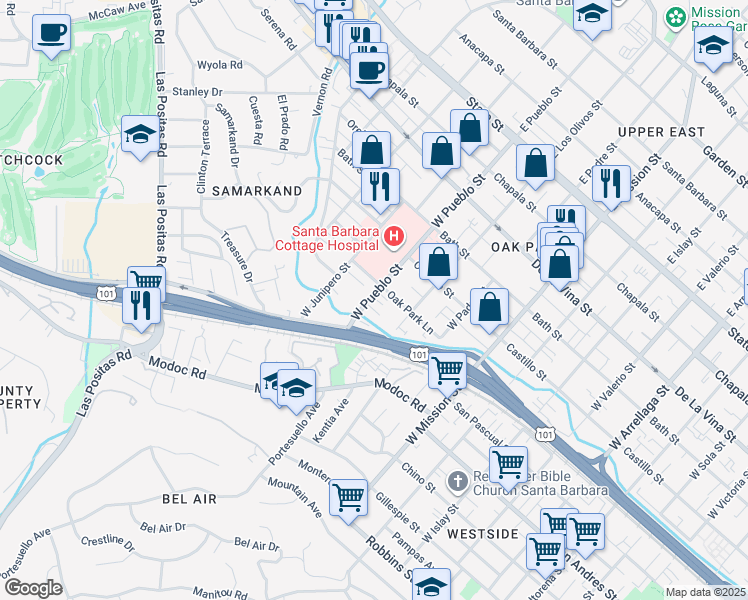 map of restaurants, bars, coffee shops, grocery stores, and more near 515 West Pueblo Street in Santa Barbara