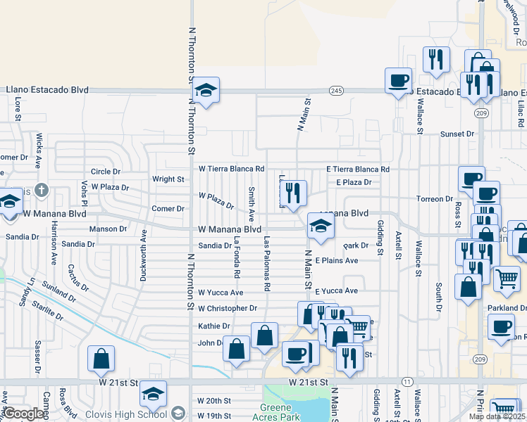 map of restaurants, bars, coffee shops, grocery stores, and more near 3000 Las Palomas Road in Clovis