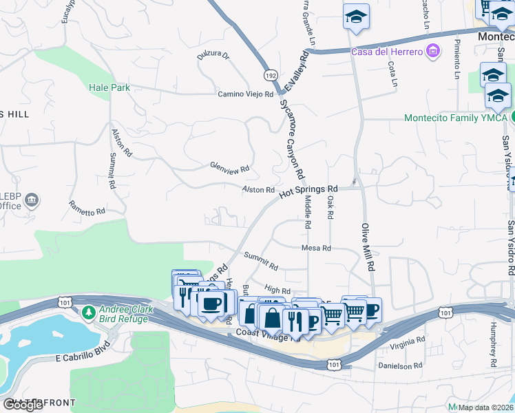 map of restaurants, bars, coffee shops, grocery stores, and more near 233 Hot Springs Road in Montecito
