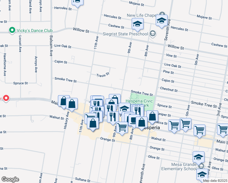 map of restaurants, bars, coffee shops, grocery stores, and more near 15721 Smoke Tree Street in Hesperia