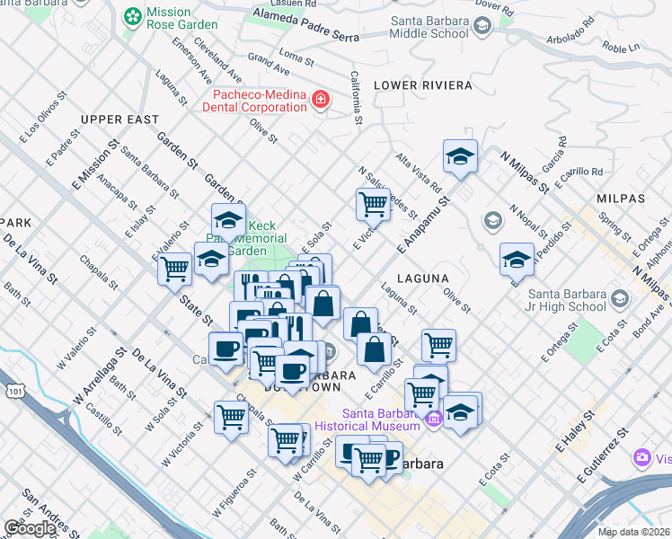 map of restaurants, bars, coffee shops, grocery stores, and more near 322 East Victoria Street in Santa Barbara