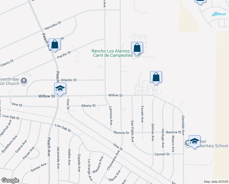 map of restaurants, bars, coffee shops, grocery stores, and more near 18872 Willow Street in Hesperia