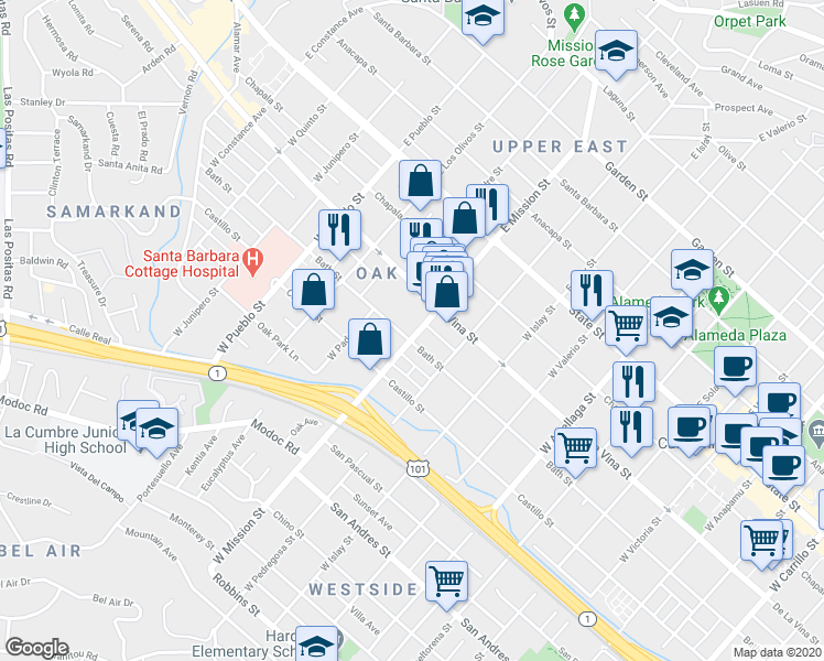 map of restaurants, bars, coffee shops, grocery stores, and more near 230 West Mission Street in Santa Barbara