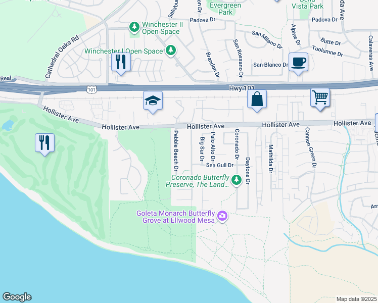 map of restaurants, bars, coffee shops, grocery stores, and more near 267 Santa Barbara Shores Drive in Goleta