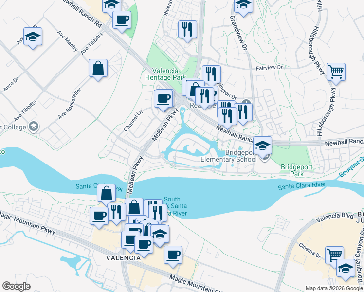 map of restaurants, bars, coffee shops, grocery stores, and more near 23954 Lakeview Cove in Santa Clarita